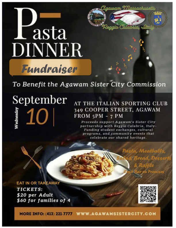 Pasta Dinner Fundraiser flyer for the Agawam Sister City Commission